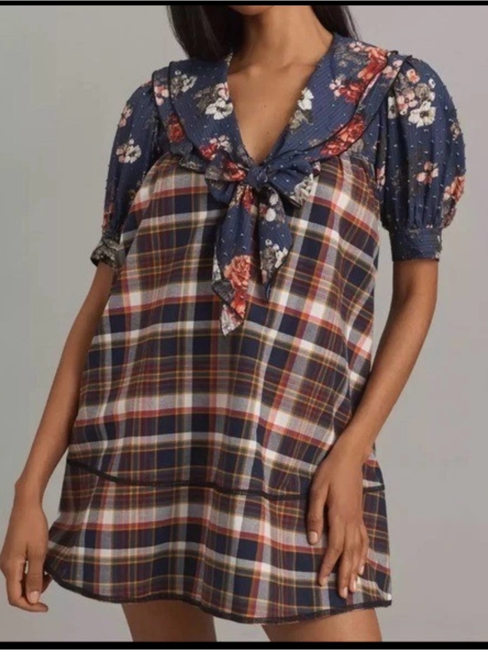 Pilcro Navy Plaid & Floral Tie-Neck Mini Dress